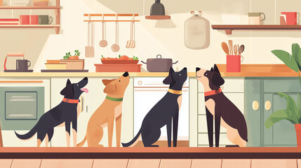 Four playful dogs watching for food in a cozy kitchen  