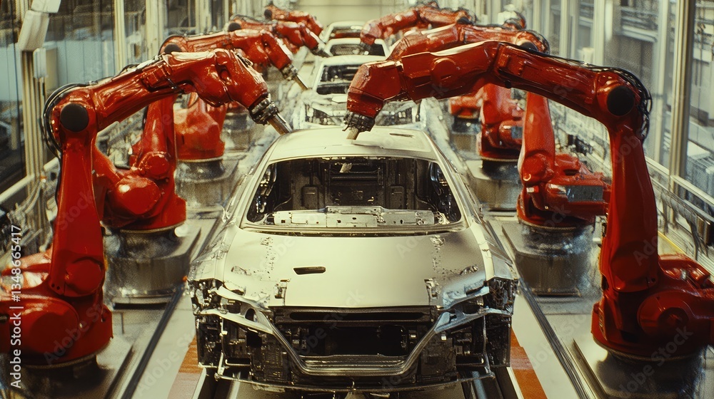 Poster a modern car factory with fully automated vehicle painting robots.