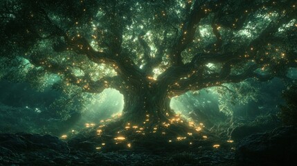 Obraz premium Illuminated ancient tree in mystical forest