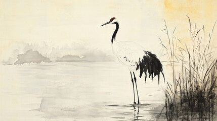 Fototapeta premium Serene crane standing by the water in a traditional ink painting 