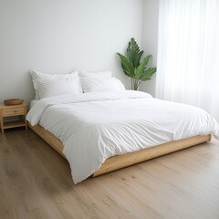 A serene bedroom featuring a wooden bed with white bedding, a bedside table, and a lush plant near a large window, allowing natural light to fill the space.