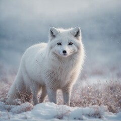 Obraz premium A glowing white arctic fox in a dreamy, pastel-colored winter landscape.