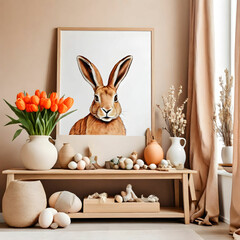 Warm Easter living room with mock-up frame, tulips, hare sculpture, carrots, bowl, and decor