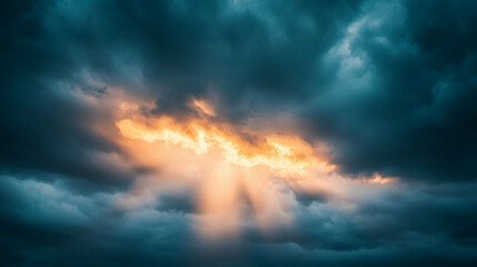 Obraz premium Dramatic Storm Clouds with Sunlight Breaking Through, Surreal and Majestic Sky
