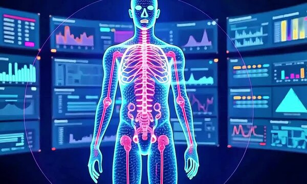 Human body scan with skeleton and data screens in blue and pink hues