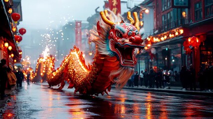 Vibrant dragon dance performers celebrate Chinese holidays, showcasing red and gold costumes against a backdrop of colorful banners. Firecrackers illuminate the streets