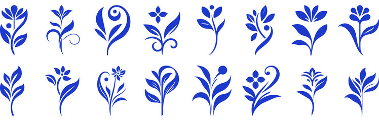 Elegant Blue Floral Set 16 Stylized Botanical Designs for Artistic Use.