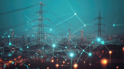 A futuristic power grid with glowing energy lines connecting cities.
