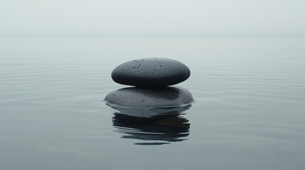 Minimalist Japanese-Inspired Scene with a Single Dark Pebble on Calm Water Surface