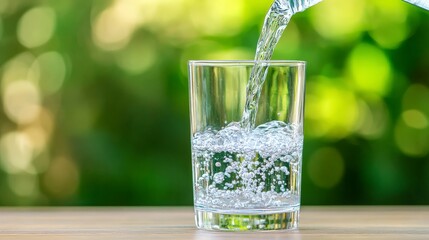 Water Pouring into Glass: Wooden Table and Green Background
