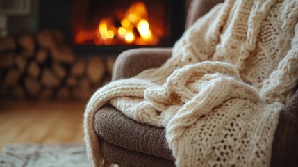 Cozy Knit Blanket on Armchair by Fireplace