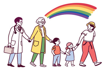 6 Colorful cartoon illustration, diverse group of people, multi-generational family, hand-drawn style, simple lines, flat colors, cheerful characters, standing in a row, holding hands, various profess