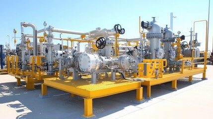 A modern oil processing facility with massive industrial valves and controls.