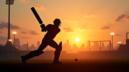 Silhouette of a Cricketer Hitting the Ball at Sunset in a Stadium - Dynamic Action Shot Capturing the Sport and Energy of Cricket