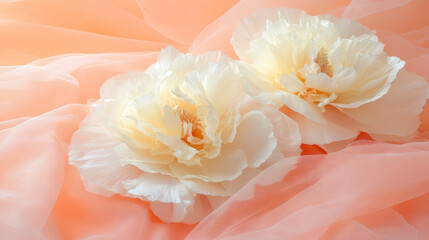 Soft cream peonies on delicate fabric with gentle petals, romantic floral arrangement for weddings, decor, and feminine styling
