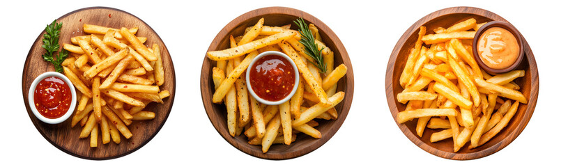 french fries with chili sauce on wood plate, transparent background