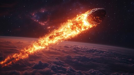 Fototapeta premium Asteroid Approaching Earth, Glowing Brightly Against a Starry Background in a Dramatic Cosmic Collision Scenario, Capturing the Intensity of a Space Disaster and Celestial Impact Event