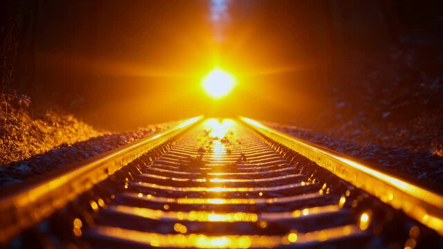Powerful beam from an approaching train headlight pierces the tranquility of a dimly lit railway. The glow illuminates the metal tracks