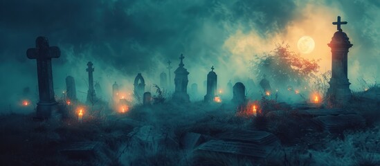 Misty cemetery at night with lit candles