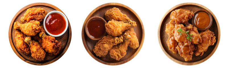 fried chicken with sauce on wood plate, transparent background,top veuw