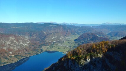 Breathtaking view of Bohinj lake from above. Beautiful view ot the Triglav mountains, Triglav...