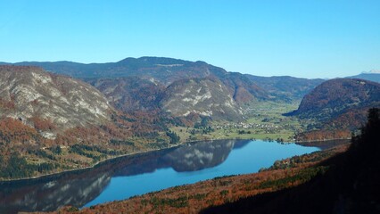 Breathtaking view of Bohinj lake from above. Beautiful view ot the Triglav mountains, Triglav national park, Slovenia, Europe