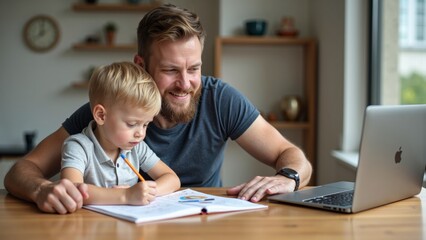 A father and son are engaged in a learning activity together at home, with the father guiding his son as he writes on paper.