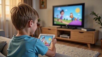 A child is engrossed in watching a cartoon on TV while holding a tablet with the same show displayed.