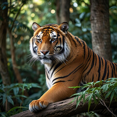 Obraz premium Sumatran Tiger at Rest A Majestic Tree Perch