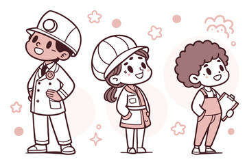 7 Hand-drawn illustrations, diverse characters, simple line art, colorful outfits, expressive poses, cute cartoon style, various professions and personalities, minimalist background, pastel color pale