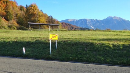Signage to show the border of Bled area into Gorje area in Triglav National Park, Julian Alps,...