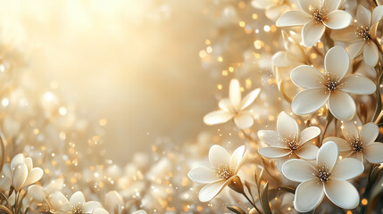 Elegant white flowers with golden sparkles in a dreamy and luxurious setting