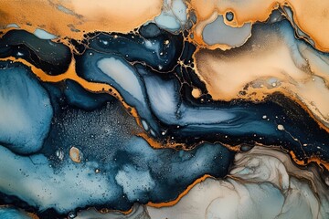 Abstract Fluid Art with Earthy Brown and Blue Tones High Contrast Organic Flowing Composition Glossy Finish