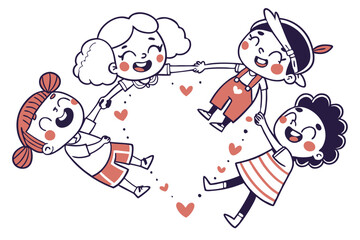 8 Cute cartoon children, hand-drawn style, heart shape composition, diverse characters, playful poses, simple color palette, white background, children holding hands, joyful expressions, whimsical ill
