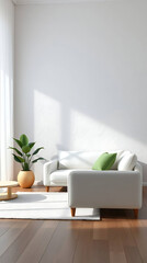minimalist living room interior mockup, modern furniture and greenly decorative, white sofa and armchair, created by generative ai