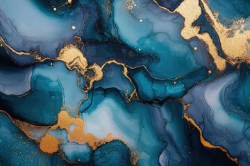 Abstract Fluid Ink Art with Teal Blue and Gold Accents Elegant Design for Wallpaper and Prints