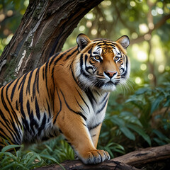 Obraz premium Sumatran Tiger at Rest A Majestic Tree Perch
