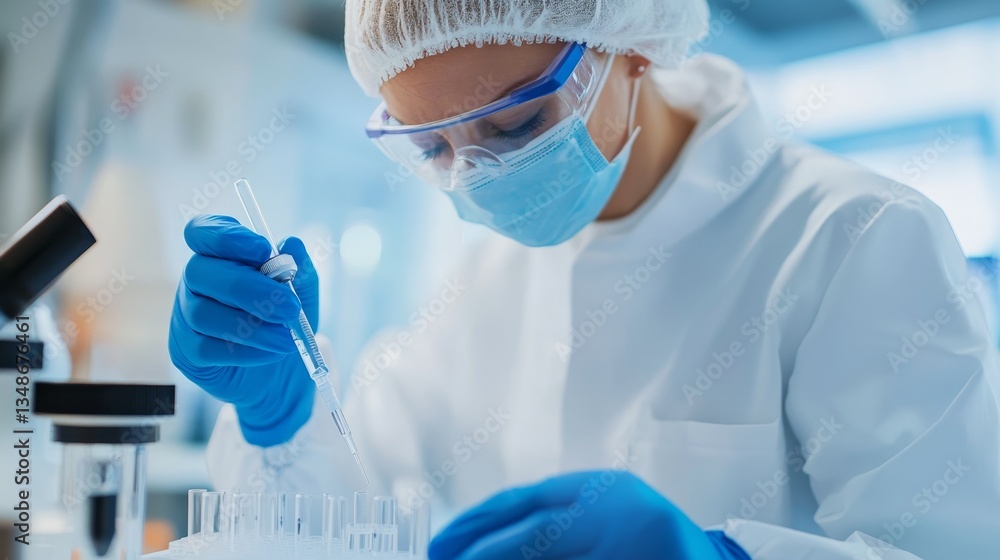 Poster scientist in laboratory conducting experiments with pipette and test tubes during daylight