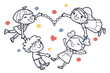 8 Cute cartoon children, hand-drawn style, heart shape composition, diverse characters, playful poses, simple color palette, white background, children holding hands, joyful expressions, whimsical ill