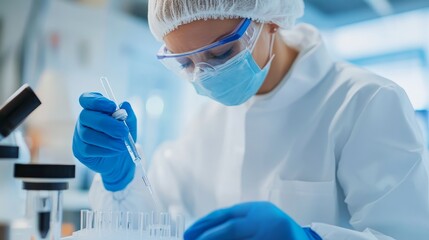 Fototapeta premium Scientist in laboratory conducting experiments with pipette and test tubes during daylight