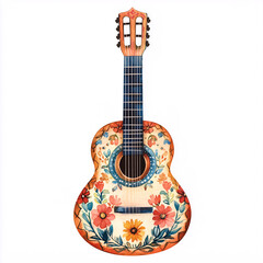 Acoustic guitar adorned with colorful Mexican-style floral designs in a watercolor painting, merging art and music