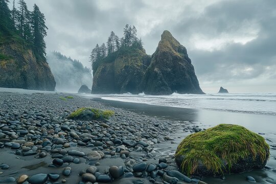 Coastal Oregon rocks meet stormy sky. Rocky beach, dark pebbles, dramatic shore, misty forest, and rugged peaks