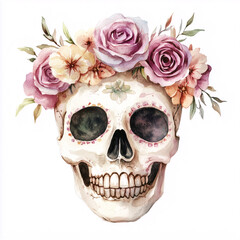 Obraz premium Colorful watercolor calavera skull wearing intricate flower crown, embodying vibrant dia de los muertos cultural symbolism