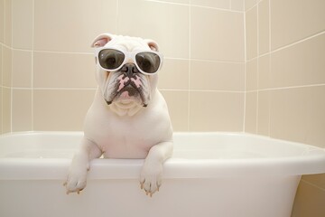 Bulldog in Bathtub Wearing Tiny Sunglasses Enjoying Spa Treatment