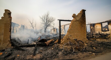 Fototapeta premium Burnt remains of buildings with bicycle after wildfire