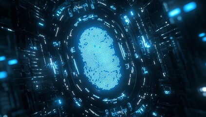 Futuristic fingerprint scan,  high-tech,  glowing interface.  Dynamic display of biometric data within a complex,  engineered system.  Intricate circuitry,  light effects
