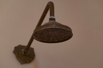 Vintage shower head in Morocco, rustic bathroom old design and cultural heritage, Moroccan...