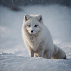 Obraz premium A white arctic fox blending seamlessly into the snow, only its dark eyes visible.