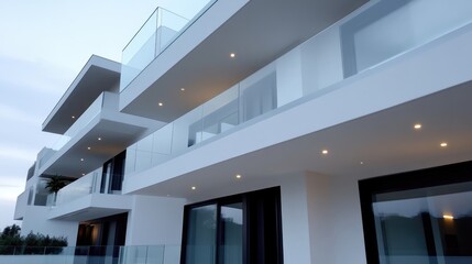 Modern apartment building facade at twilight.  Exterior of contemporary residential structures with flat roofs, balconies, and glass railings.  Clean lines and minimalist design