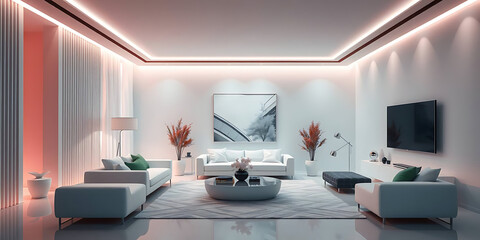 minimalist living room interior mockup, modern furniture and greenly decorative, white sofa and armchair, created by generative ai